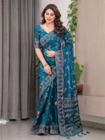 Elegant Teal Blue Fendi Satin Block & Foil Print Saree with Floral Motifs, Attached Blouse & Tassel Pallu - Image 6