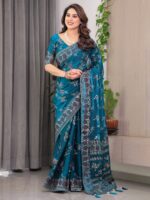 Elegant Teal Blue Fendi Satin Block & Foil Print Saree with Floral Motifs, Attached Blouse & Tassel Pallu - Image 10