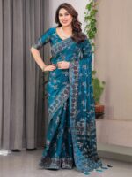 Elegant Teal Blue Fendi Satin Block & Foil Print Saree with Floral Motifs, Attached Blouse & Tassel Pallu - Image 8