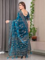 Elegant Teal Blue Fendi Satin Block & Foil Print Saree with Floral Motifs, Attached Blouse & Tassel Pallu - Image 3