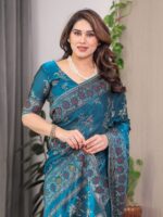 Elegant Teal Blue Fendi Satin Block & Foil Print Saree with Floral Motifs, Attached Blouse & Tassel Pallu - Image 5