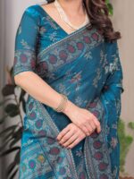 Elegant Teal Blue Fendi Satin Block & Foil Print Saree with Floral Motifs, Attached Blouse & Tassel Pallu - Image 2