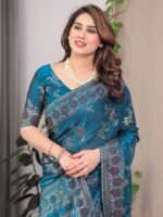 Elegant Teal Blue Fendi Satin Block & Foil Print Saree with Floral Motifs, Attached Blouse & Tassel Pallu - Image 7