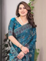 Elegant Teal Blue Fendi Satin Block & Foil Print Saree with Floral Motifs, Attached Blouse & Tassel Pallu - Image 9