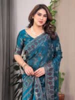 Elegant Teal Blue Fendi Satin Block & Foil Print Saree with Floral Motifs, Attached Blouse & Tassel Pallu - Image 11