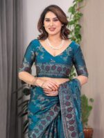 Elegant Teal Blue Fendi Satin Block & Foil Print Saree with Floral Motifs, Attached Blouse & Tassel Pallu - Image 4