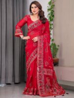 Crimson Red Fendi Satin Block & Foil Print Saree with Traditional Motif Border & Tassel Finish Blouse - Image 6