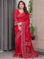 Crimson Red Fendi Satin Block & Foil Print Saree with Traditional Motif Border & Tassel Finish Blouse - Image 8