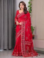 Crimson Red Fendi Satin Block & Foil Print Saree with Traditional Motif Border & Tassel Finish Blouse - Image 10
