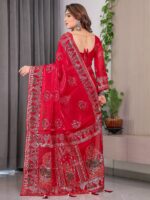 Crimson Red Fendi Satin Block & Foil Print Saree with Traditional Motif Border & Tassel Finish Blouse - Image 3
