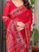 Crimson Red Fendi Satin Block & Foil Print Saree with Traditional Motif Border & Tassel Finish Blouse - Image 2