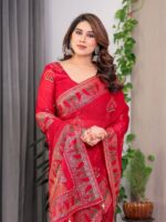 Crimson Red Fendi Satin Block & Foil Print Saree with Traditional Motif Border & Tassel Finish Blouse - Image 7