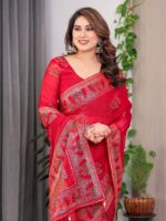 Crimson Red Fendi Satin Block & Foil Print Saree with Traditional Motif Border & Tassel Finish Blouse - Image 5