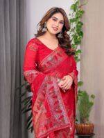 Crimson Red Fendi Satin Block & Foil Print Saree with Traditional Motif Border & Tassel Finish Blouse - Image 11