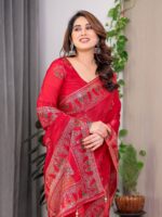 Crimson Red Fendi Satin Block & Foil Print Saree with Traditional Motif Border & Tassel Finish Blouse - Image 9