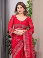 Crimson Red Fendi Satin Block & Foil Print Saree with Traditional Motif Border & Tassel Finish Blouse - Image 4