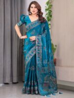 Teal Peacock Blue Fendi Satin Block & Foil Print Saree with Traditional Motif Border & Tassel Detail Blouse - Image 6