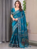 Teal Peacock Blue Fendi Satin Block & Foil Print Saree with Traditional Motif Border & Tassel Detail Blouse - Image 8