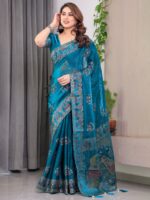 Teal Peacock Blue Fendi Satin Block & Foil Print Saree with Traditional Motif Border & Tassel Detail Blouse - Image 10