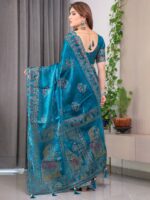 Teal Peacock Blue Fendi Satin Block & Foil Print Saree with Traditional Motif Border & Tassel Detail Blouse - Image 3