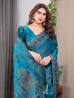 Teal Peacock Blue Fendi Satin Block & Foil Print Saree with Traditional Motif Border & Tassel Detail Blouse - Image 7