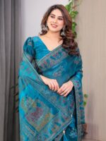 Teal Peacock Blue Fendi Satin Block & Foil Print Saree with Traditional Motif Border & Tassel Detail Blouse - Image 5