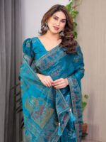 Teal Peacock Blue Fendi Satin Block & Foil Print Saree with Traditional Motif Border & Tassel Detail Blouse - Image 11