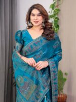 Teal Peacock Blue Fendi Satin Block & Foil Print Saree with Traditional Motif Border & Tassel Detail Blouse - Image 9
