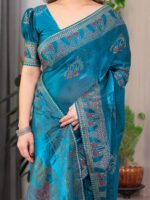 Teal Peacock Blue Fendi Satin Block & Foil Print Saree with Traditional Motif Border & Tassel Detail Blouse - Image 2