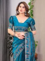 Teal Peacock Blue Fendi Satin Block & Foil Print Saree with Traditional Motif Border & Tassel Detail Blouse - Image 4