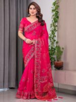 Rani Pink Fendi Satin Block & Foil Print Saree with Traditional Motif Border & Tassel Detail Blouse - Image 6