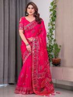 Rani Pink Fendi Satin Block & Foil Print Saree with Traditional Motif Border & Tassel Detail Blouse - Image 8