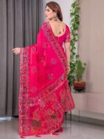 Rani Pink Fendi Satin Block & Foil Print Saree with Traditional Motif Border & Tassel Detail Blouse - Image 3