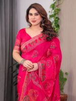 Rani Pink Fendi Satin Block & Foil Print Saree with Traditional Motif Border & Tassel Detail Blouse - Image 7