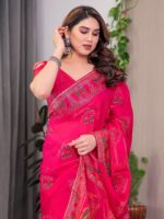 Rani Pink Fendi Satin Block & Foil Print Saree with Traditional Motif Border & Tassel Detail Blouse - Image 9