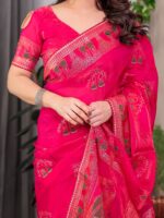 Rani Pink Fendi Satin Block & Foil Print Saree with Traditional Motif Border & Tassel Detail Blouse - Image 2