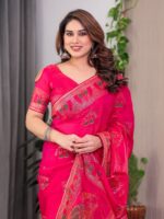 Rani Pink Fendi Satin Block & Foil Print Saree with Traditional Motif Border & Tassel Detail Blouse - Image 5