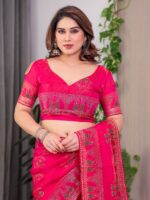 Rani Pink Fendi Satin Block & Foil Print Saree with Traditional Motif Border & Tassel Detail Blouse - Image 4