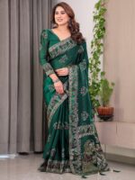 Emerald Green Fendi Satin Block & Foil Print Saree with Heritage Motif Border & Tassel Detail Blouse - Image 6