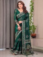 Emerald Green Fendi Satin Block & Foil Print Saree with Heritage Motif Border & Tassel Detail Blouse - Image 8