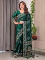 Emerald Green Fendi Satin Block & Foil Print Saree with Heritage Motif Border & Tassel Detail Blouse - Image 10