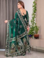 Emerald Green Fendi Satin Block & Foil Print Saree with Heritage Motif Border & Tassel Detail Blouse - Image 3