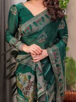 Emerald Green Fendi Satin Block & Foil Print Saree with Heritage Motif Border & Tassel Detail Blouse - Image 2