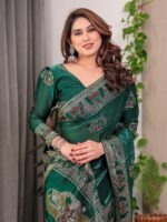 Emerald Green Fendi Satin Block & Foil Print Saree with Heritage Motif Border & Tassel Detail Blouse - Image 5