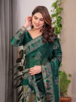 Emerald Green Fendi Satin Block & Foil Print Saree with Heritage Motif Border & Tassel Detail Blouse - Image 11