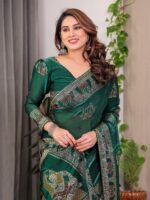 Emerald Green Fendi Satin Block & Foil Print Saree with Heritage Motif Border & Tassel Detail Blouse - Image 9
