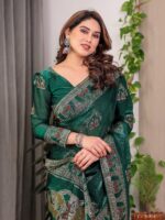 Emerald Green Fendi Satin Block & Foil Print Saree with Heritage Motif Border & Tassel Detail Blouse - Image 7