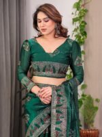 Emerald Green Fendi Satin Block & Foil Print Saree with Heritage Motif Border & Tassel Detail Blouse - Image 4