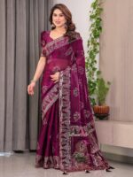 Wine Plum Fendi Satin Block & Foil Print Saree with Traditional Motif Border & Tassel Detail Blouse - Image 5