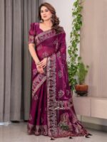 Wine Plum Fendi Satin Block & Foil Print Saree with Traditional Motif Border & Tassel Detail Blouse - Image 7
